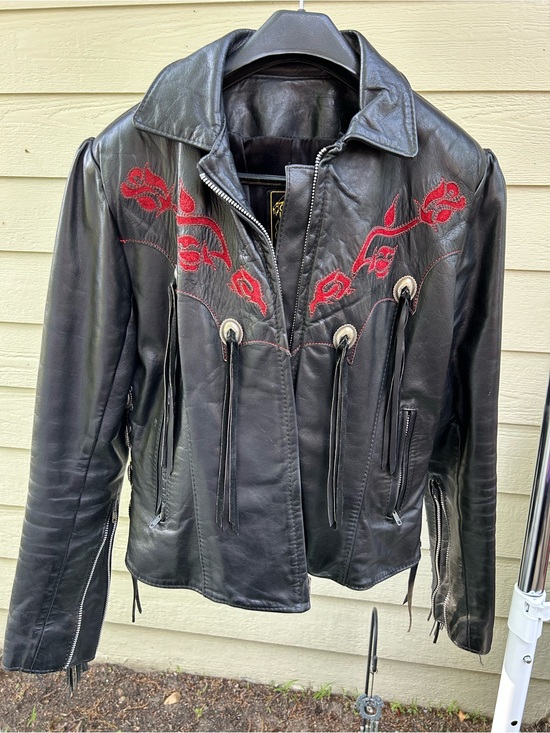 Jackets & Blazers - Black Leather Jacket with Red Embroidered Accents